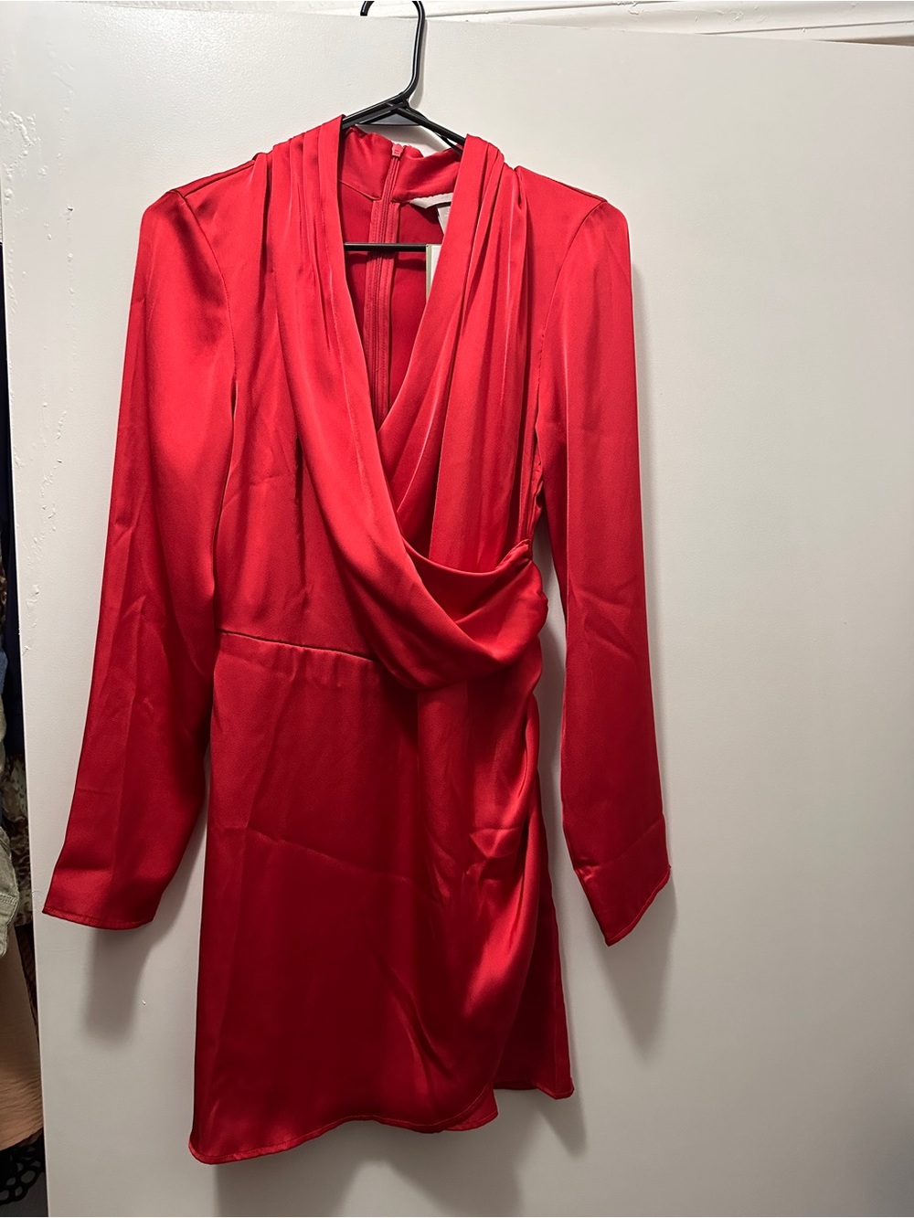 H&M Red Draped V-Neck Long Sleeve Satin Mini Dress
